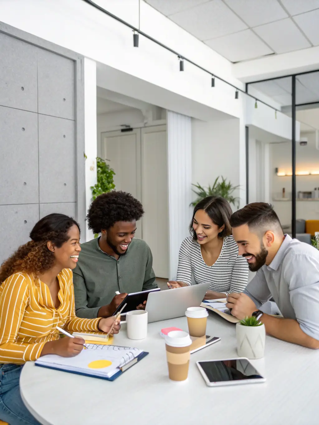 A diverse group of entrepreneurs collaborating on a project in a co-working space, symbolizing community and shared learning.